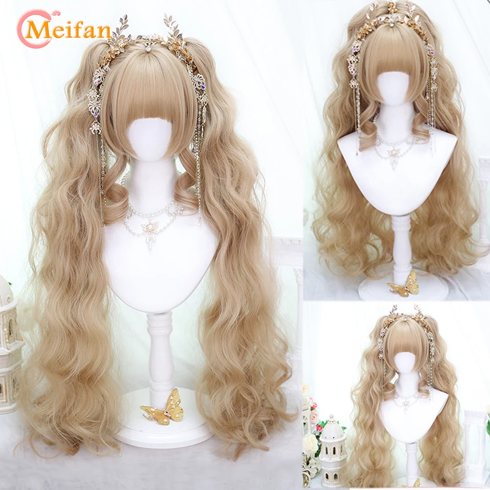 MEIFAN Synthetic Long Wavy Curly Ponytail Lolita Wig with Bangs Girl Cute Ombre Blonde Cosplay Party Halloween Harajuku Wig