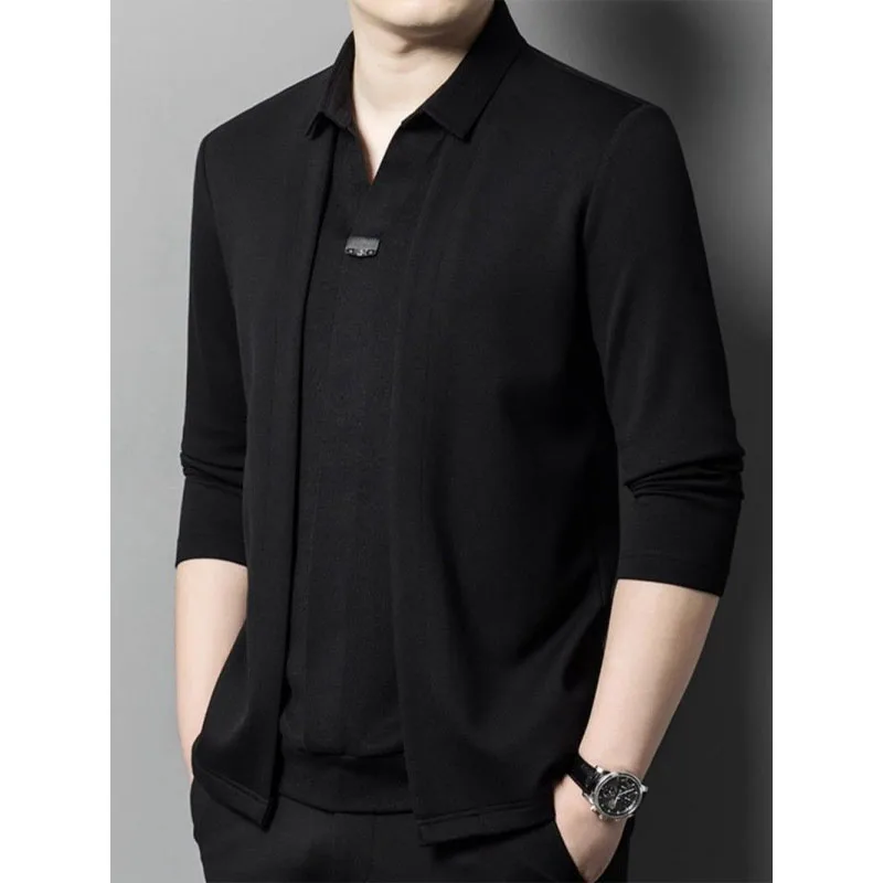 

Autumn Casual Fake Two Items T-Shirt Men Handsome Fake Cardigan Long Sleeve Solid Patchwork Trendyol Polo Shirts JJ306