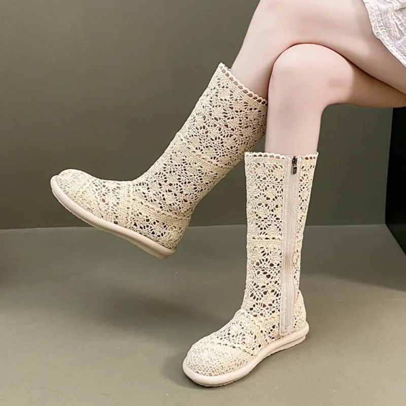 Botas altas de malla de moda para mujer, botas de tacón bajo con punta redonda y cremallera lateral, estilo algodón y cáñamo, verano