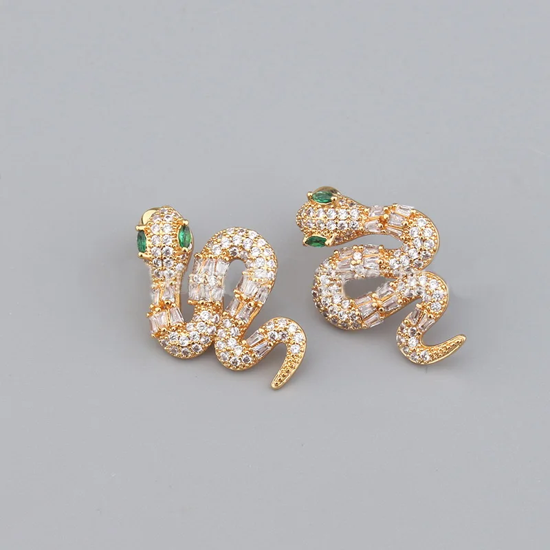 Europe America Fashion Style Women Lady Plated Gold Color Inlaid Full Cubic Zircon Curved Snake Snakelike Stud Earrings