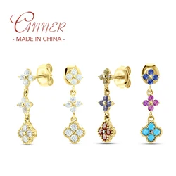 CANNER Pendientes Plata 925 Sterling Silver Chain Earrings Cute INS Colorful Zircon Flower Stud Earring For Women Korean Jewelry