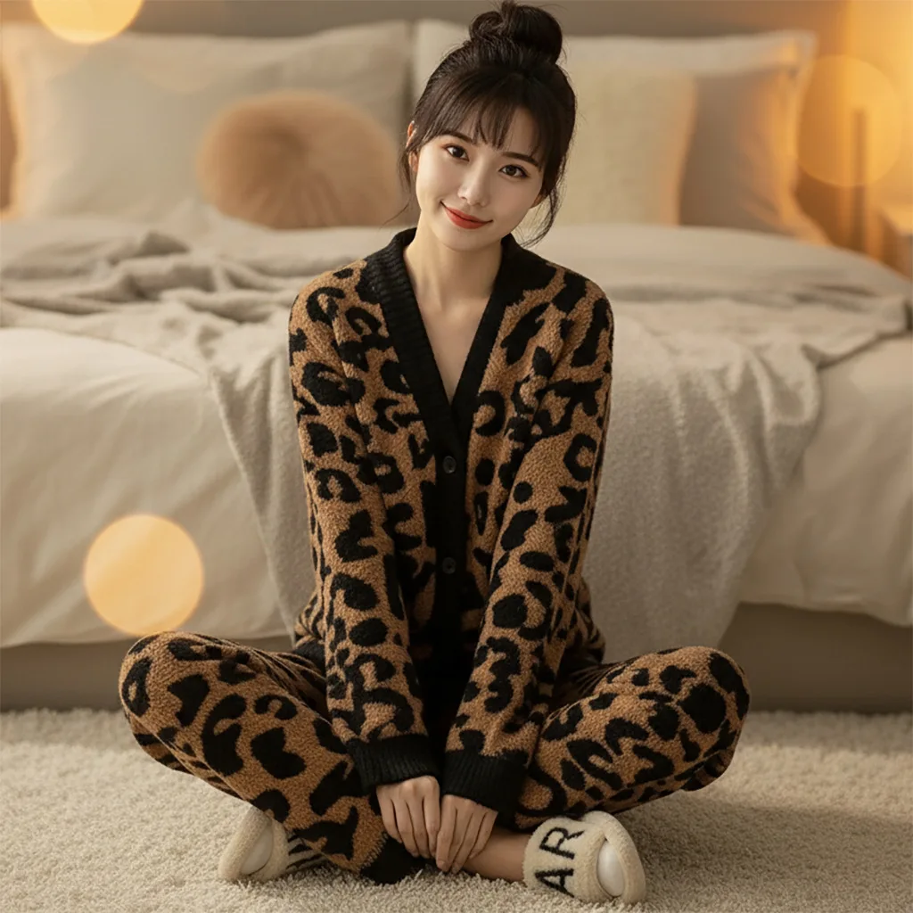 2025 New Autumn and Winter Women's V-Neck Leopard Print and Plush Thick Warm Home Clothes Pajamas Set Ladies Sleepwear Homewear