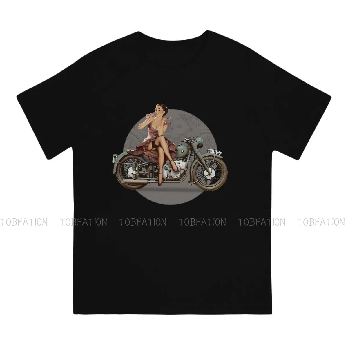 Pin Up Girl Motorcycle WWII TShirt Men Graphic Casual Crewneck Cotton T Shirt 2020