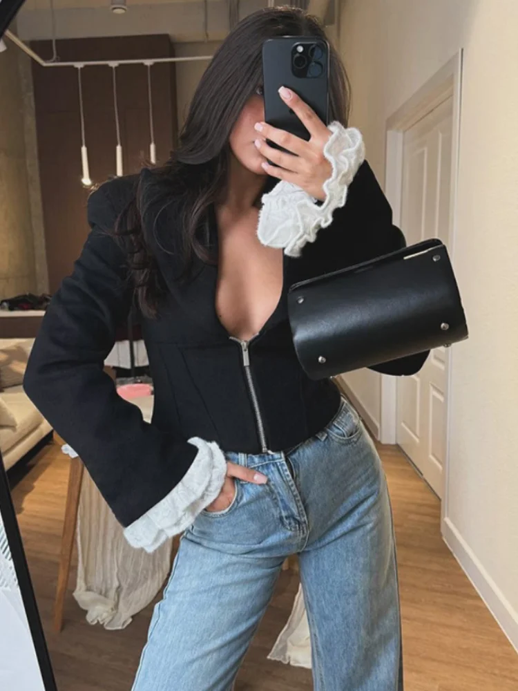 

Elegant Splicing Cuffs Zipper Jackets 2025 Women's V-neck Long Sleeve Coats Chic Office Daily Commute Fashion Ladies Outerwear