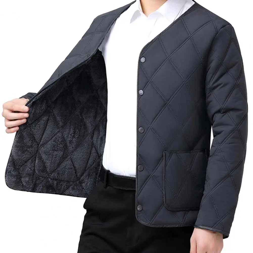 Fall Winter Jacket Stylish V-neck Collarless Men's Jacket with Plush Lining Large Pockets Solid Color Coat for Winter Warmth