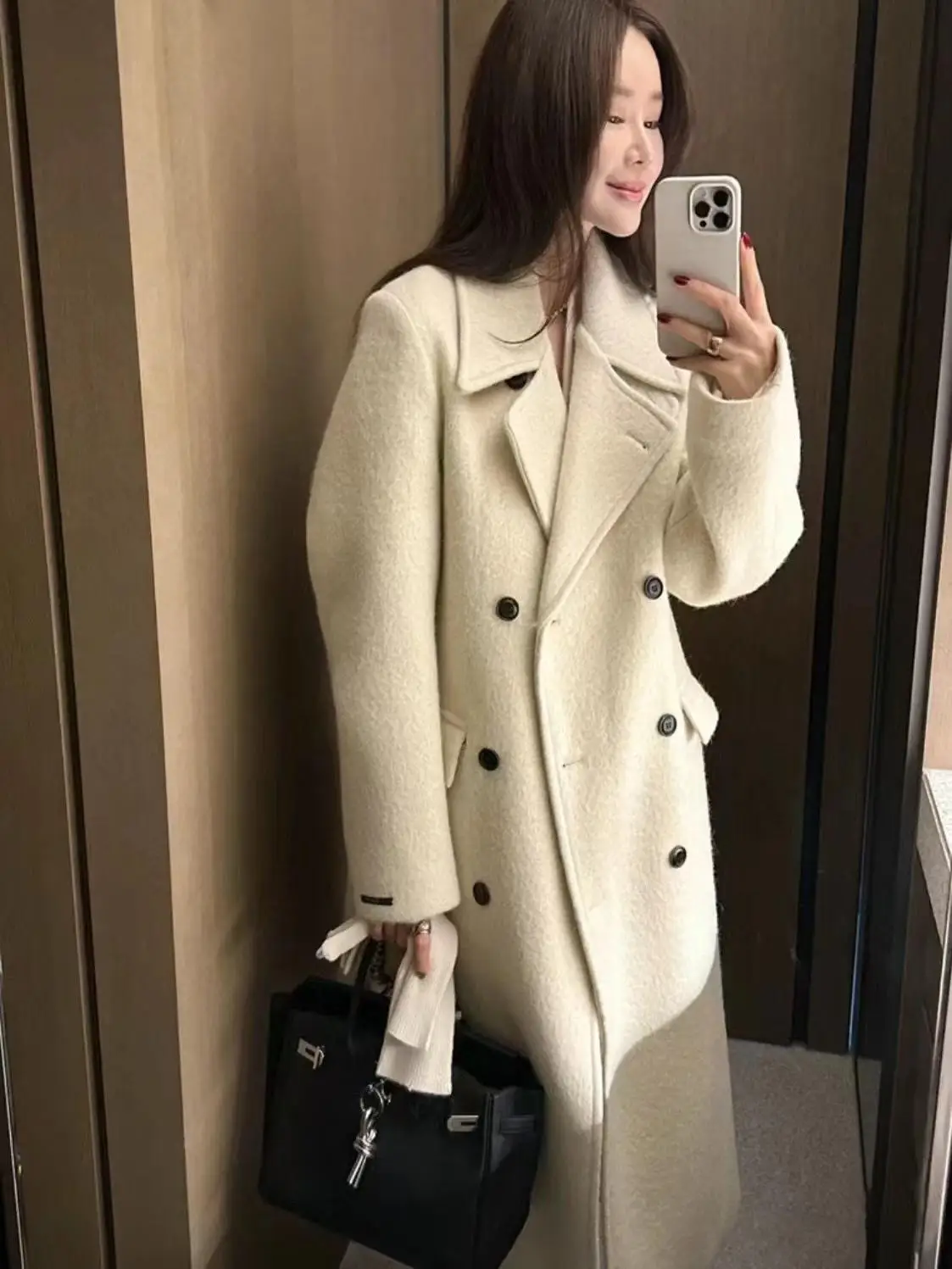   معطف صوفي طويل بأزرار صف مزدوج لندن Sle ملابس خارجية عتيقة للتنقل في الشتاء لون نقي قطع مستقيمة