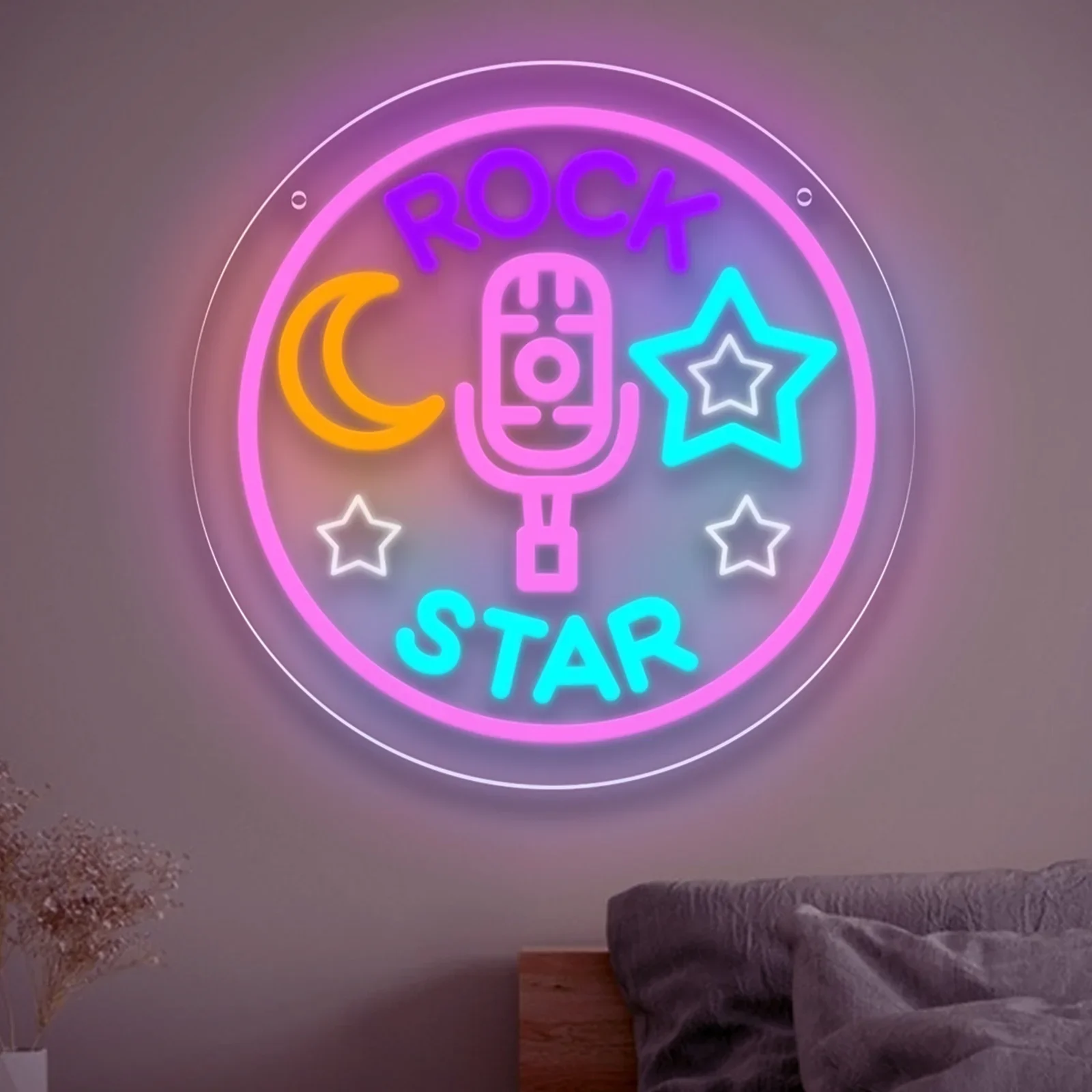 Rock Star Microphone Neon Sign Pink Purple Blue LED Wall Art Acrylic USB Powered Dimmable Light For Music Bar Kids Room Decor