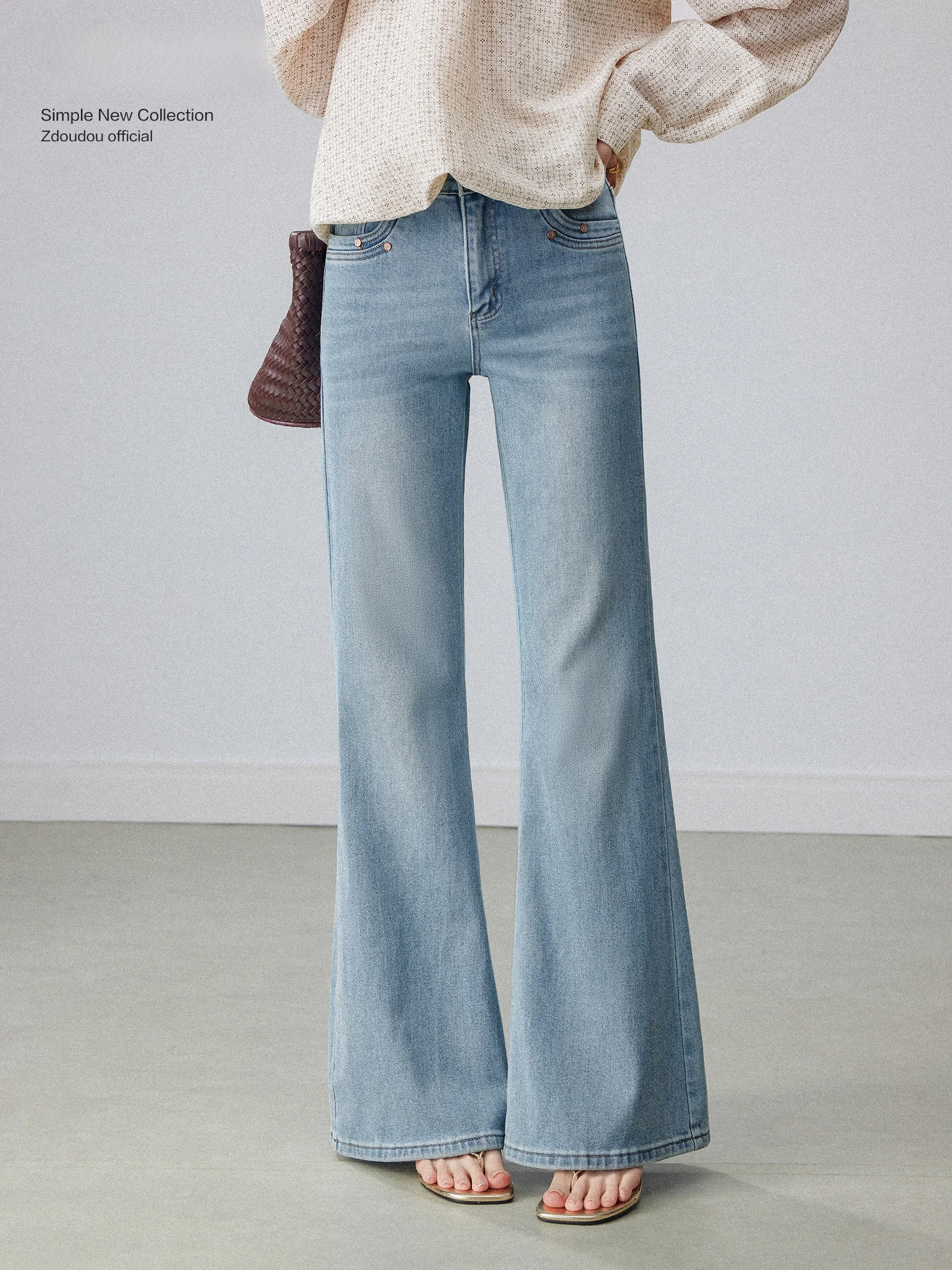 

High Waist Bell Bottom Jeans Women's Light Blue Straight Loose Slimming Pants Spring Summer New Style Elastic Waist Zipper Cl...