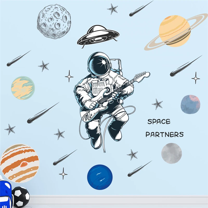 Funny Spaceman Playing Guitar Wall Stickers For Kids Bedroom Home Decoration Diy Planet Star Mural Art Pvc Decals Cosmos Poster