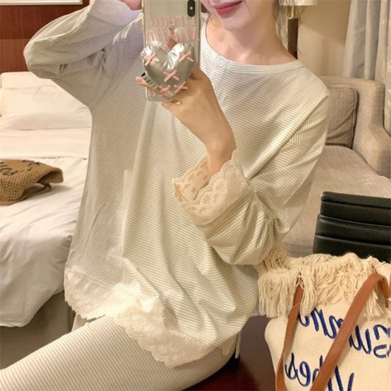 Pajama Women Autumn Winter Long sleeved Pants Set Korean Sweet Lace Casual Striped Home Suit Two-piece Sleepwear Pijama Mujer