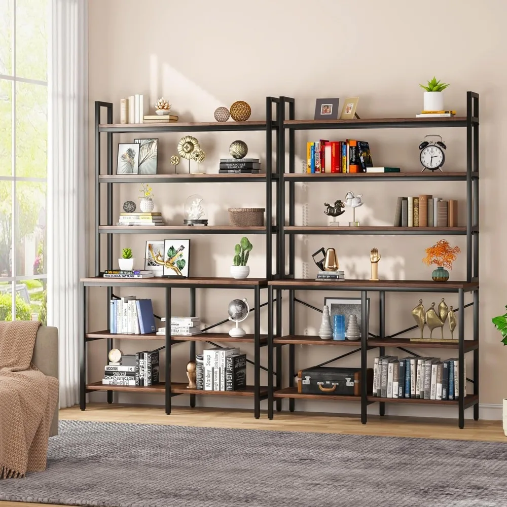 6-Tier Bookshelf,Industrial Bookcase with Open Shelf,6 Shelf Storage Rack with X-Shaped Frame,Rustic Book Shelf for Living Room