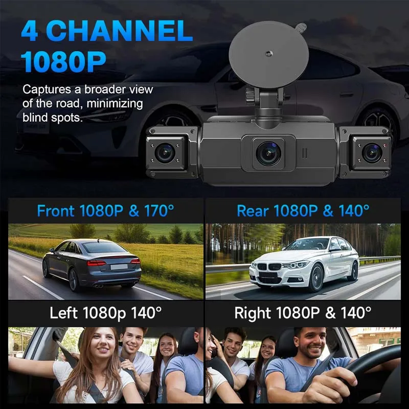 Easy Installation 4 Channel Dash Camera, 3.0 inch 360° Video Recorder 1080P Dash Cam Night Vision 24 Hours Parking Car Accessory