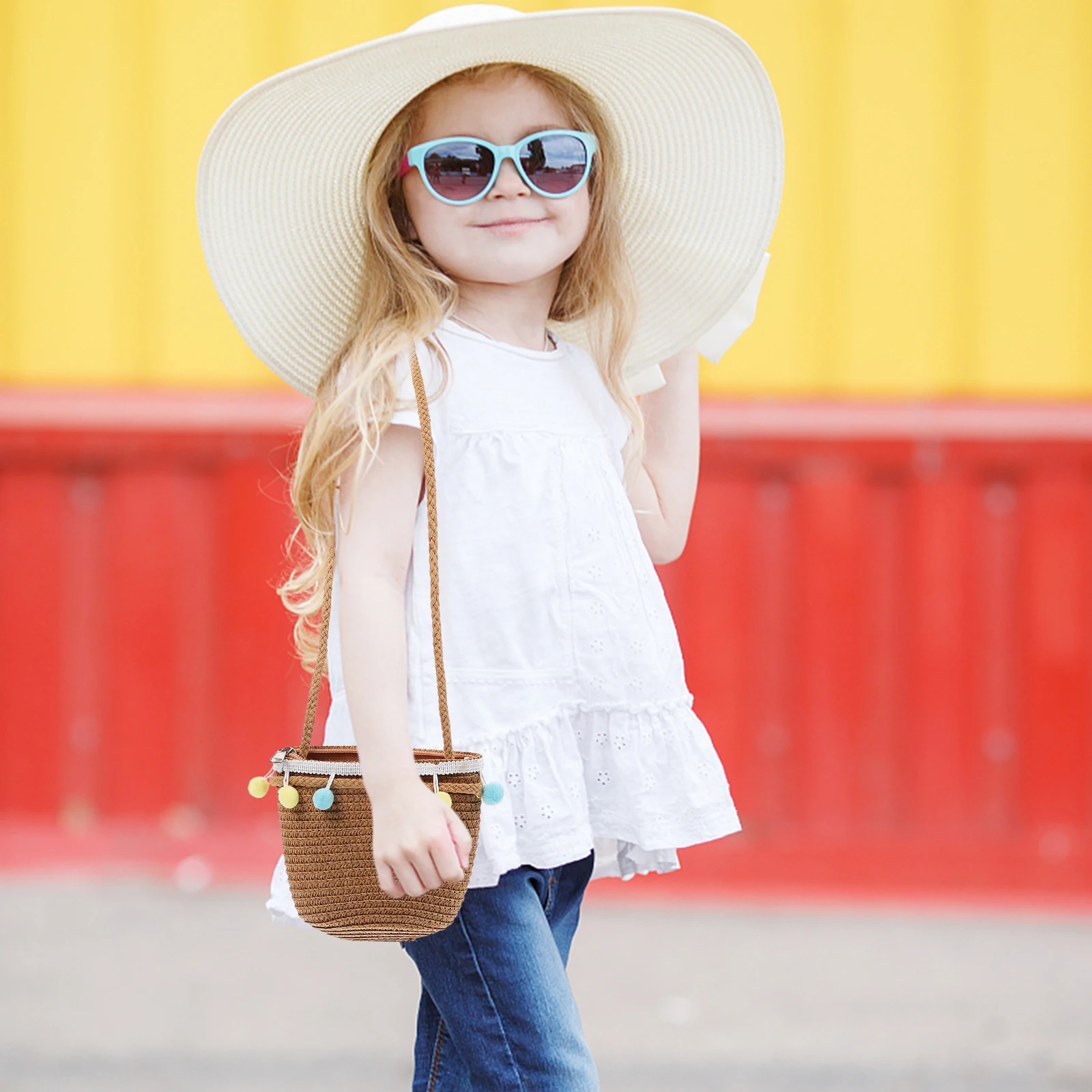 

High Quality Straw Woven Handbag for Kids Small Colorful Ball Design Durable Washable Practical Storage Bag Summer Beach Tote