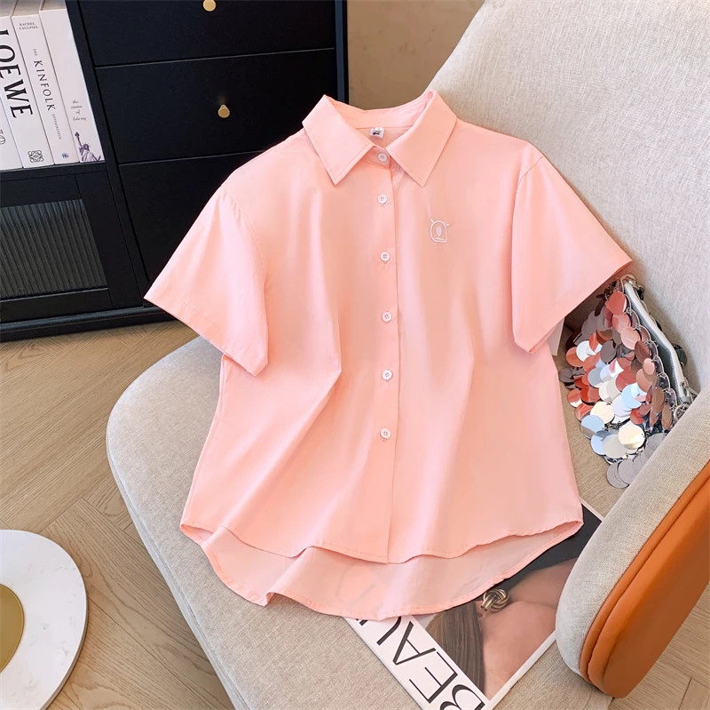 夏用コットン刺繍入りルーズフィットトップス レディース スイートスクール風 薄手カジュアルトップ 韓国風襟付き