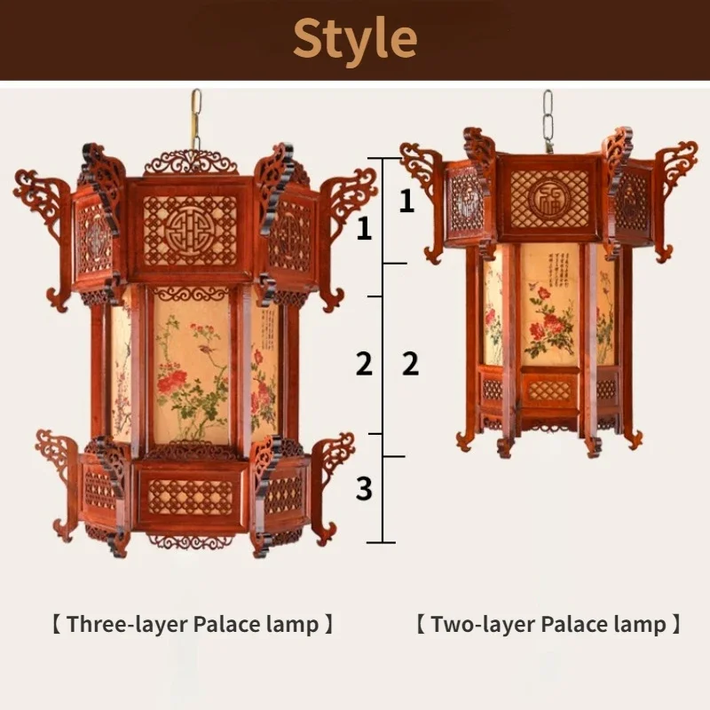 Chinese Solid Wood Palace lantern with Hanger Light Bulb Eight Immortals Painting Bird-and-flower Painting Outdoor Waterproof