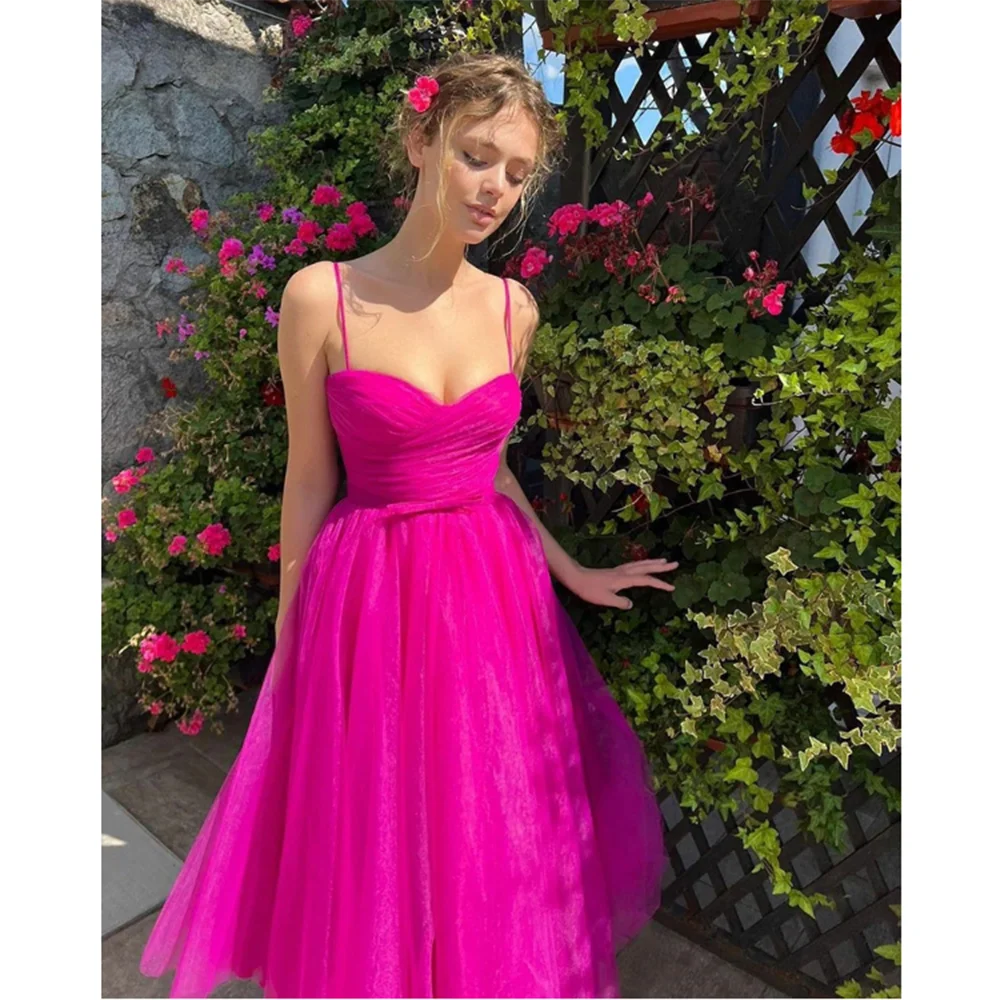 Bright Rose Red Green Women Prom Dress Spaghetti Strap Sweetheart Tea length Ball Gown Fairy Pretty Simple Robes De Soirée