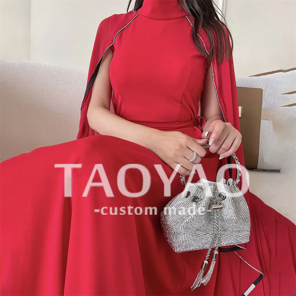 Customized A Line Evening Dresses High Neck Cape Sleeves Classic Wedding Dress Red Party Dresses Prom Dress Vestidos De Fiesta