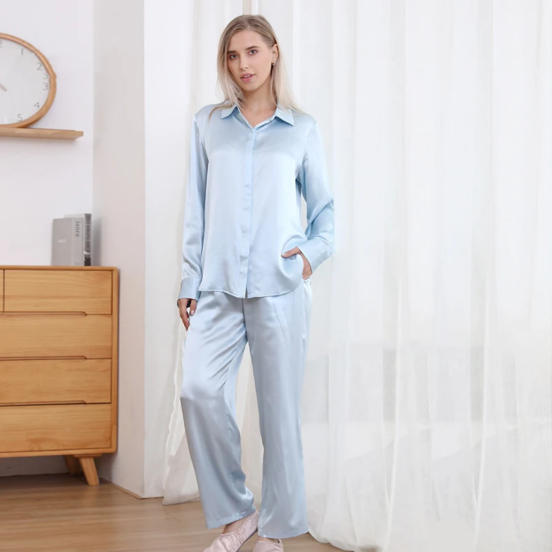 

19 Momme Long Sleeve Concealed Placket Silk Pajamas Set