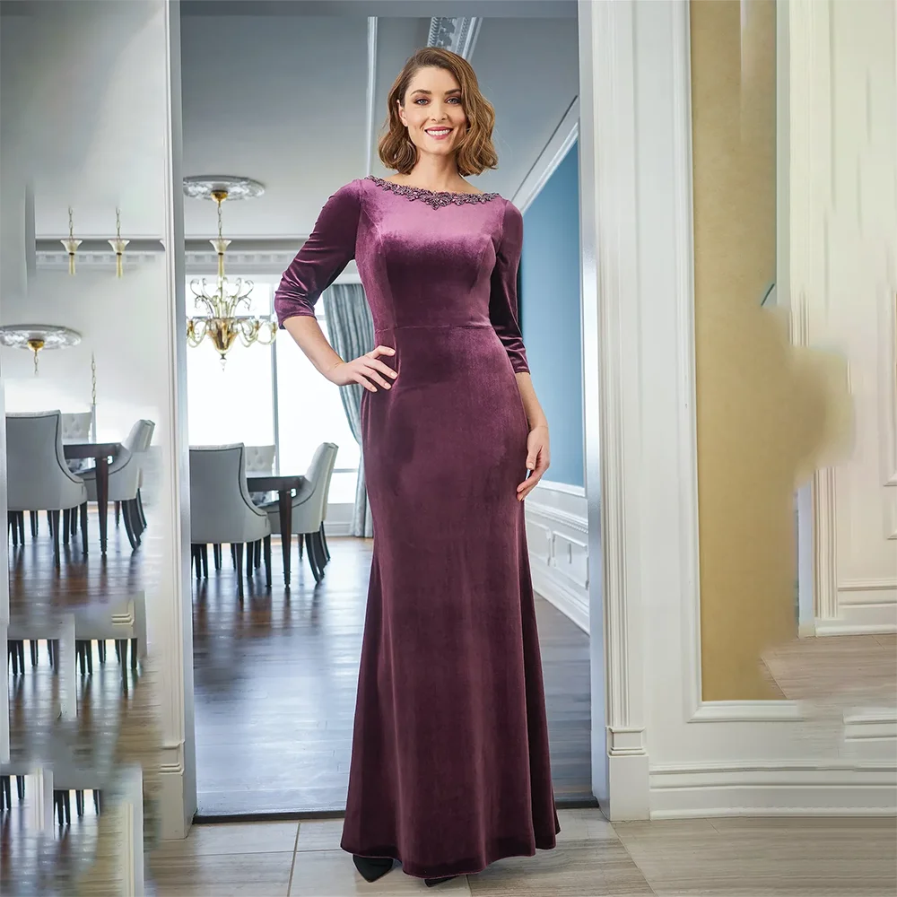 

Fashion Mother of the Bride Dresses 3/4Long Sleeves Lace Elegant Crystal Backless Floor Length Wedding Guest Dress