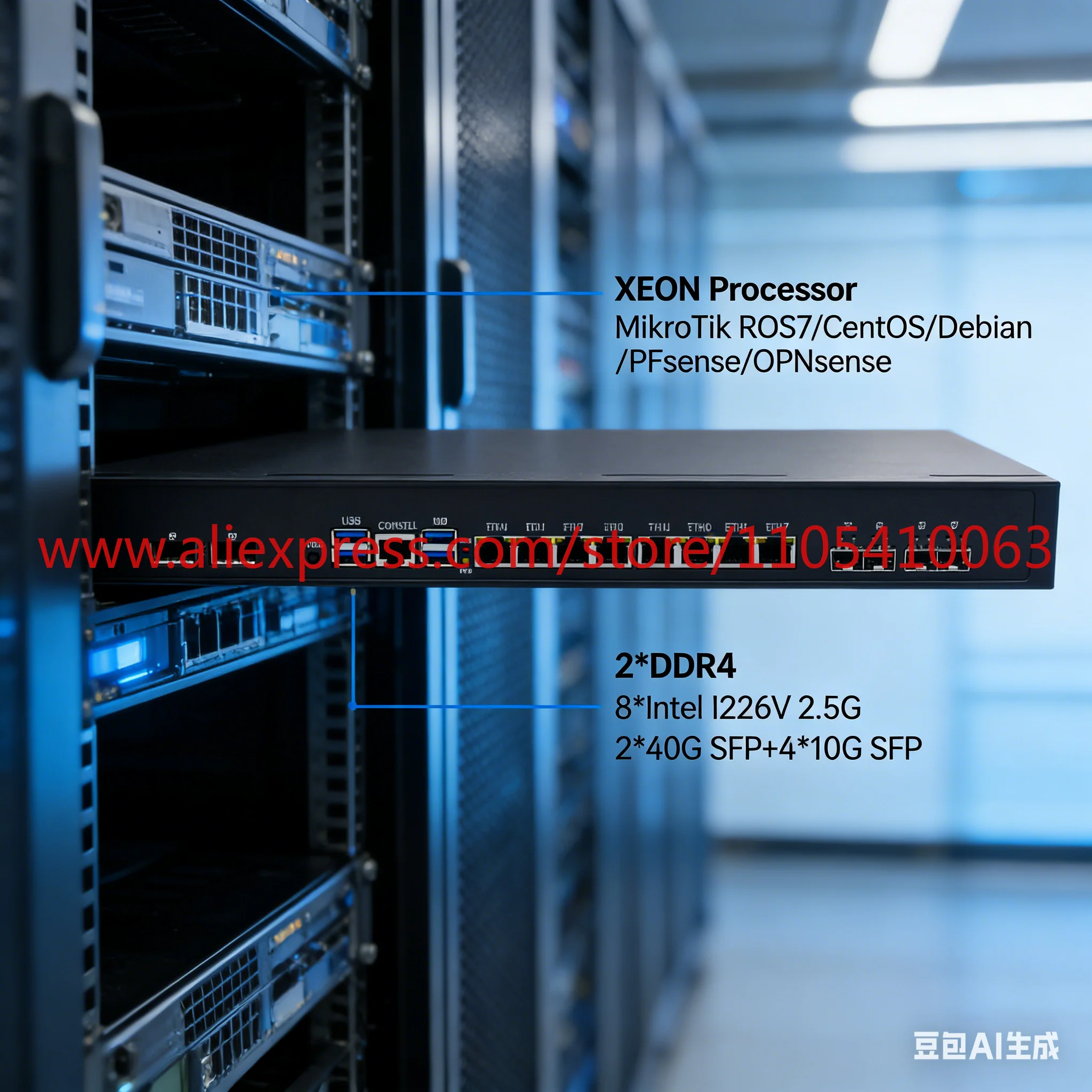 1Pcs Firewall and VPN XEON E5 V4 8 * 2.5G Router 2 * 40G 4 * 10G SFP Firewall Router 1U Pfsense XEON D4 E5 V4 40G 10G SFP