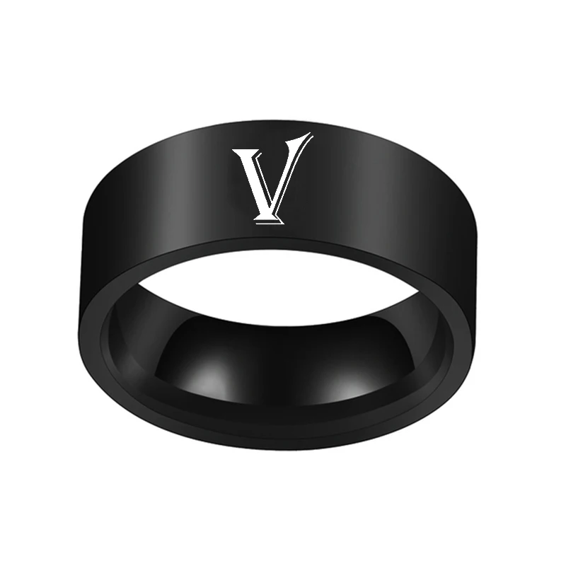 NUOBING Personalised Initial Engrave A to Z Alphabet Stainless Steel Signet Blank Plain Ring Band High Polished Black Color Tone