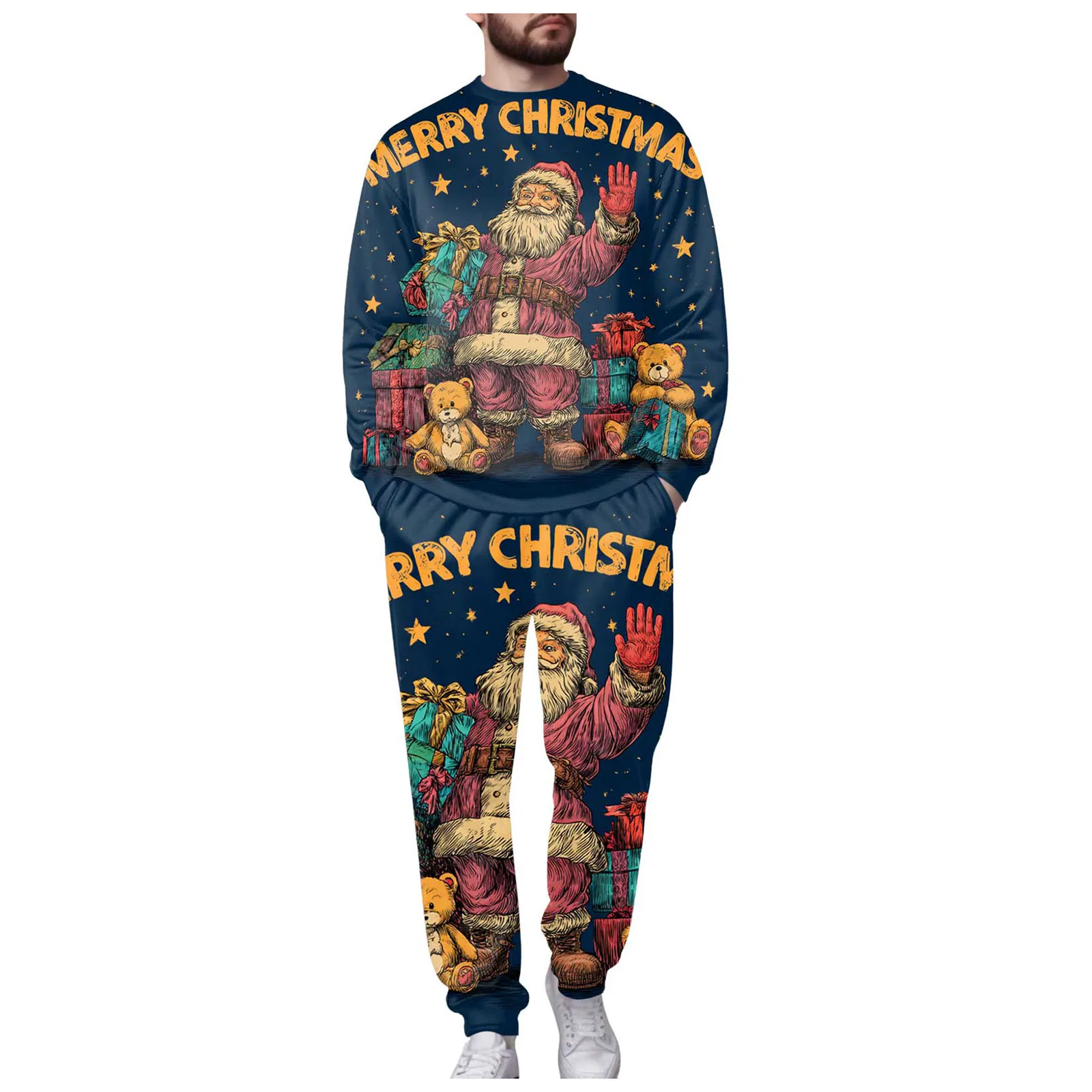 

Christmas Men's Hoodie Jogger Set Men's Christmas Print Fleece Lined Crew Neck Sweatshirt Premium Fleece Hoodie and Pants Set