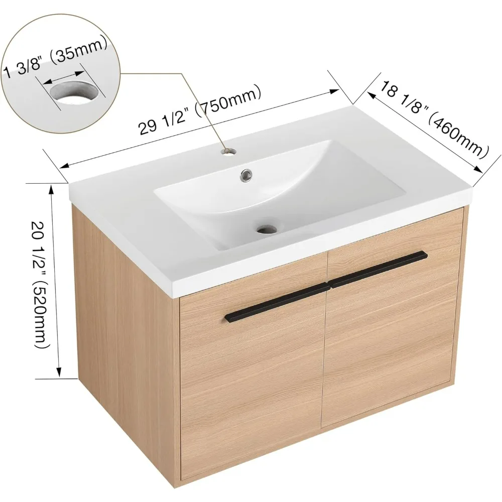 Floating Vanity Bathroom, 30 Inch Bathroom Vanity with Sink, Wall Mounted , Soft Closed Doors, Integrated Sink, Engineered Wood