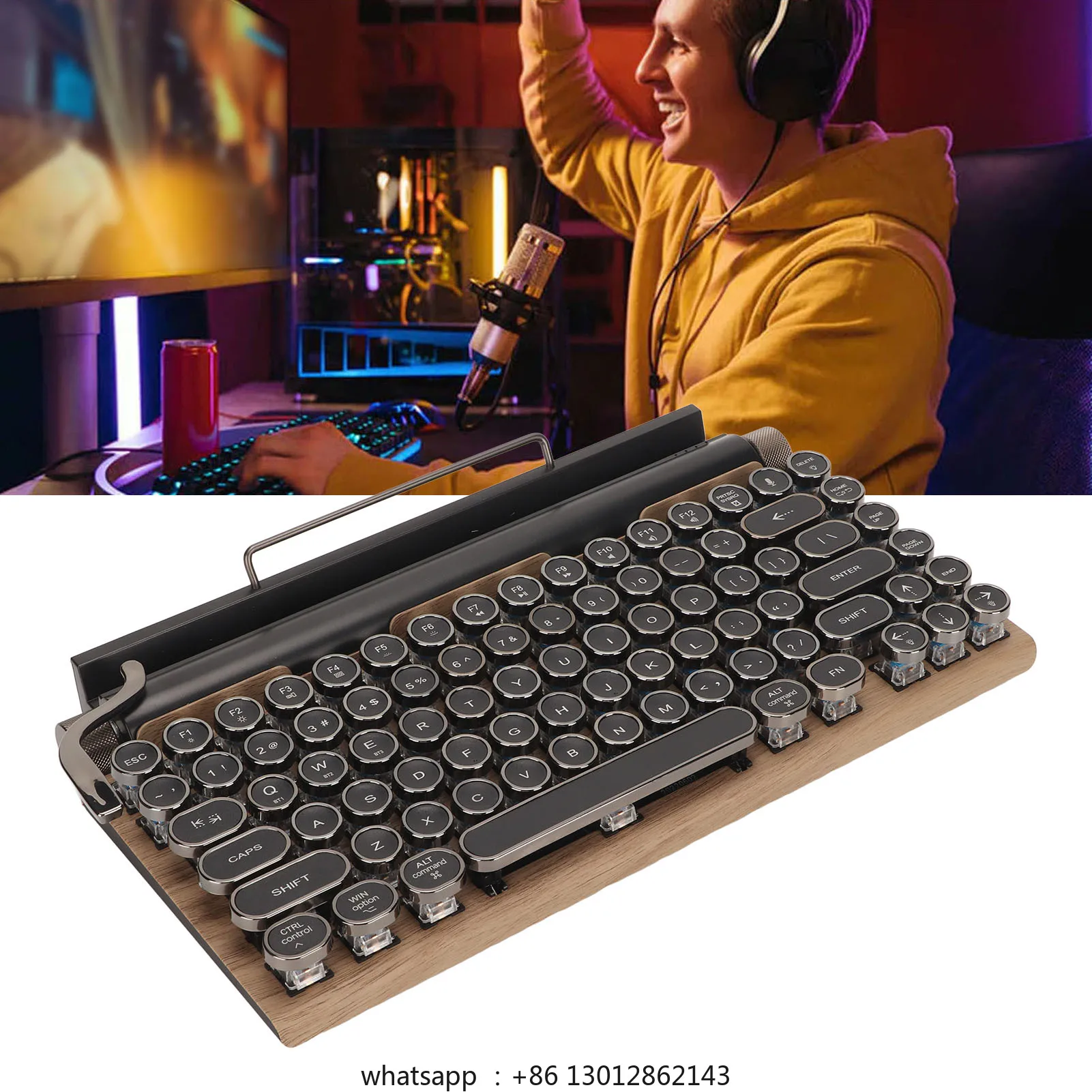 

Typewriter Keyboard 83 Keys Vintage Wireless Mechanical Keyboard with Metal Round Blue Switch Mechanical Keyboard