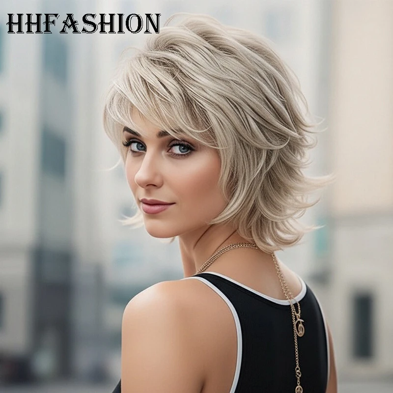 

8inch linen gold short straight synthetic wig with comfortable rose mesh cap, tilted layered design, breathable and comfortable