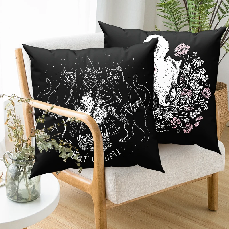 Cat Mystery Divination Witchcraft Cushion Cover Pillowcase Black Pillow Home Decor