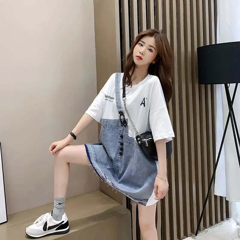 우아한 패션 하라주쿠 슬림 핏 여성 의류, 루즈 올 매치 캐주얼 반팔 티셔츠, 프린트 패치워크 가짜 투피스