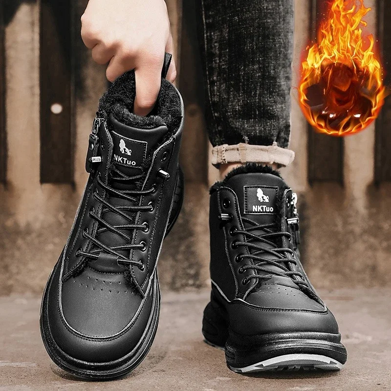 Winter Mens Motocycle Snows Boots Botas Warm Ankle Boots Fashion Versatile Black Leather Shoes Outdoor Non-slip Sneakers for Man