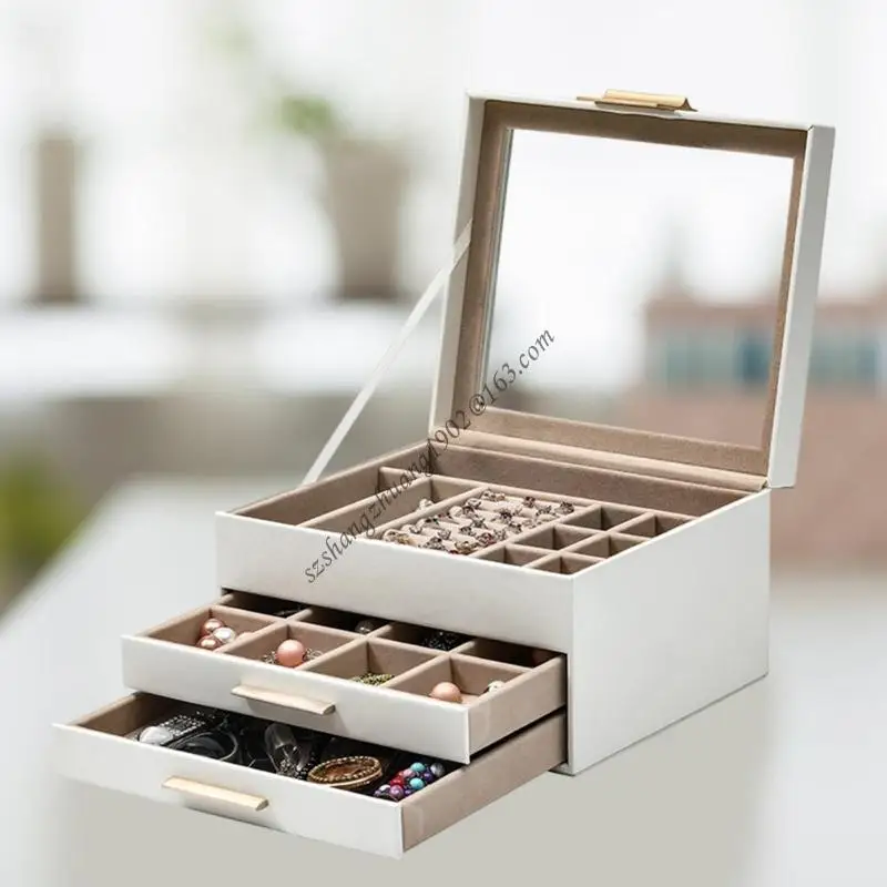 

Q6RB Protective Jewelry Case with Layered Compartments Visible Cover Flannel Lined Interior PU Leather Finish for Necklace