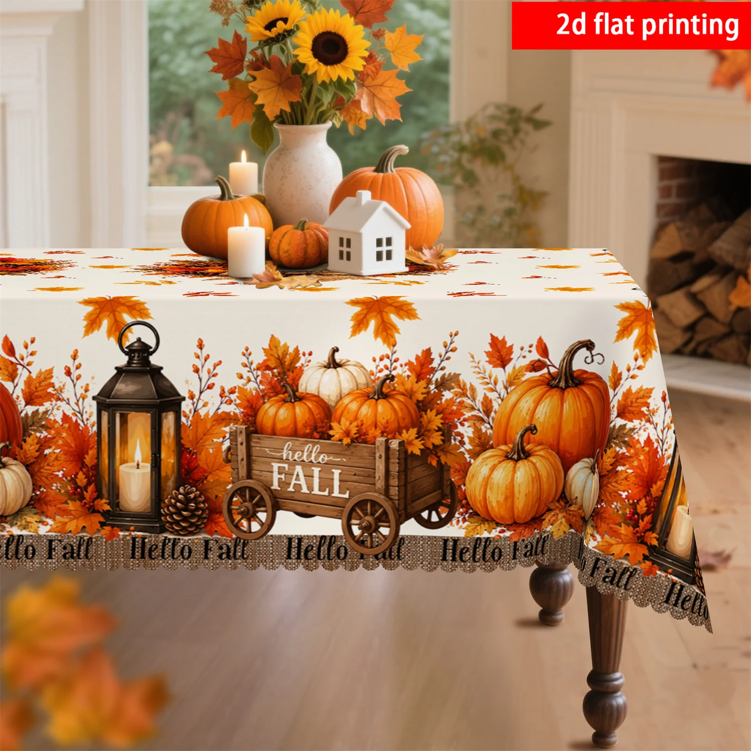 Pumpkin wooden carriage lantern, maple leaf pressed flower tablecloth, dining table farmhouse-style home decoration