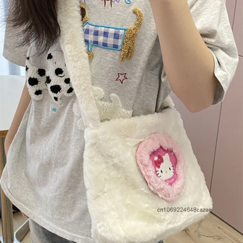 Hello Kitty Cute Cartoon Plush Crossbody Bag Autumn Winter New Simple Commuter Shoulder Bag Japanese Style Harajuku Soft Handbag