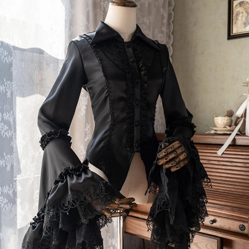 

MEXZT Gothic Lolita Black Shirts Women Japanese Kawaii Lace Bandage White Blouses Y2K Harajuku Cutecore Ruffles Long Sleeve Tops