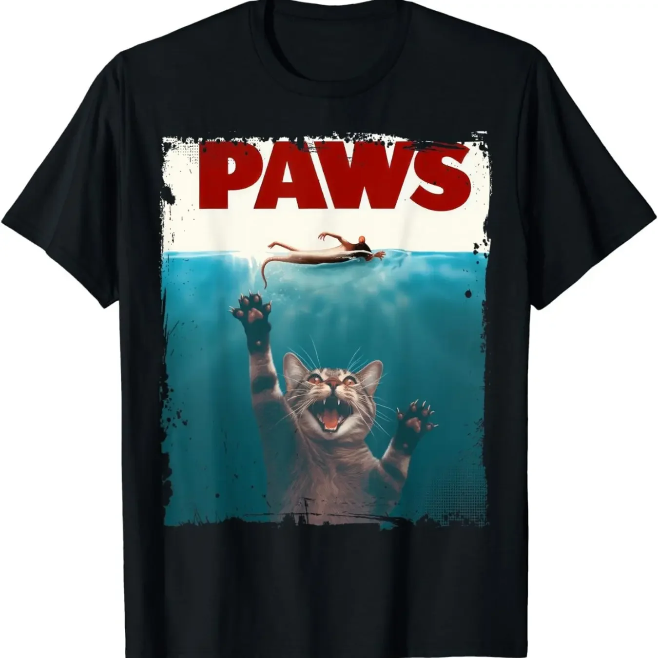 

Paws Cat Parody Jaws Movie Poster Graphic Tee Funny Cat Lover T-Shirt Humorous Cat and Swimming Design Casual Wear Gift Idea