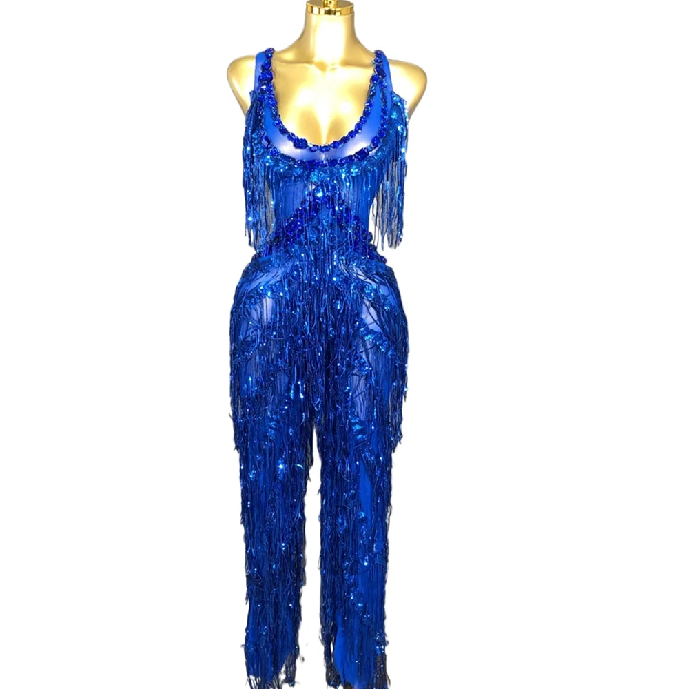 Sparkly Rhinestones Sequins Tassels Jumpsuit for Women Sexy Birthday Celebrate Event Outfit Singer Dancer Performance Costume