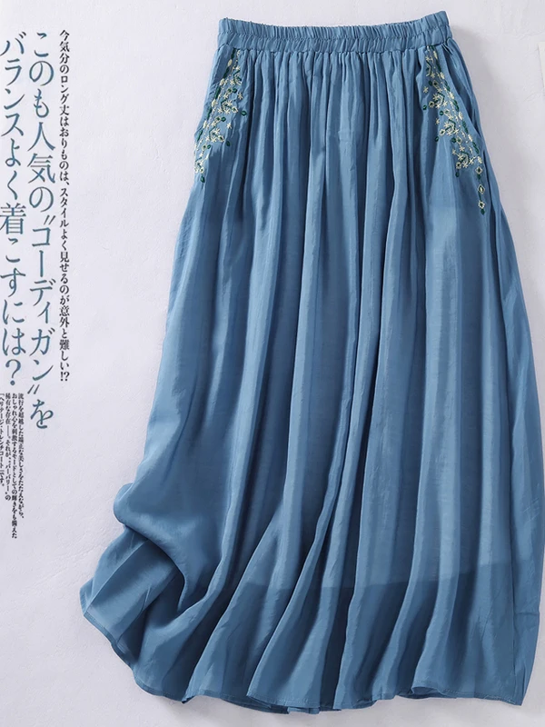 Gonna longuette in lino di cotone Ele Gonna longuette da donna estiva 2025 dimagrante con ricamo etnico Gonna artistica per pendolari