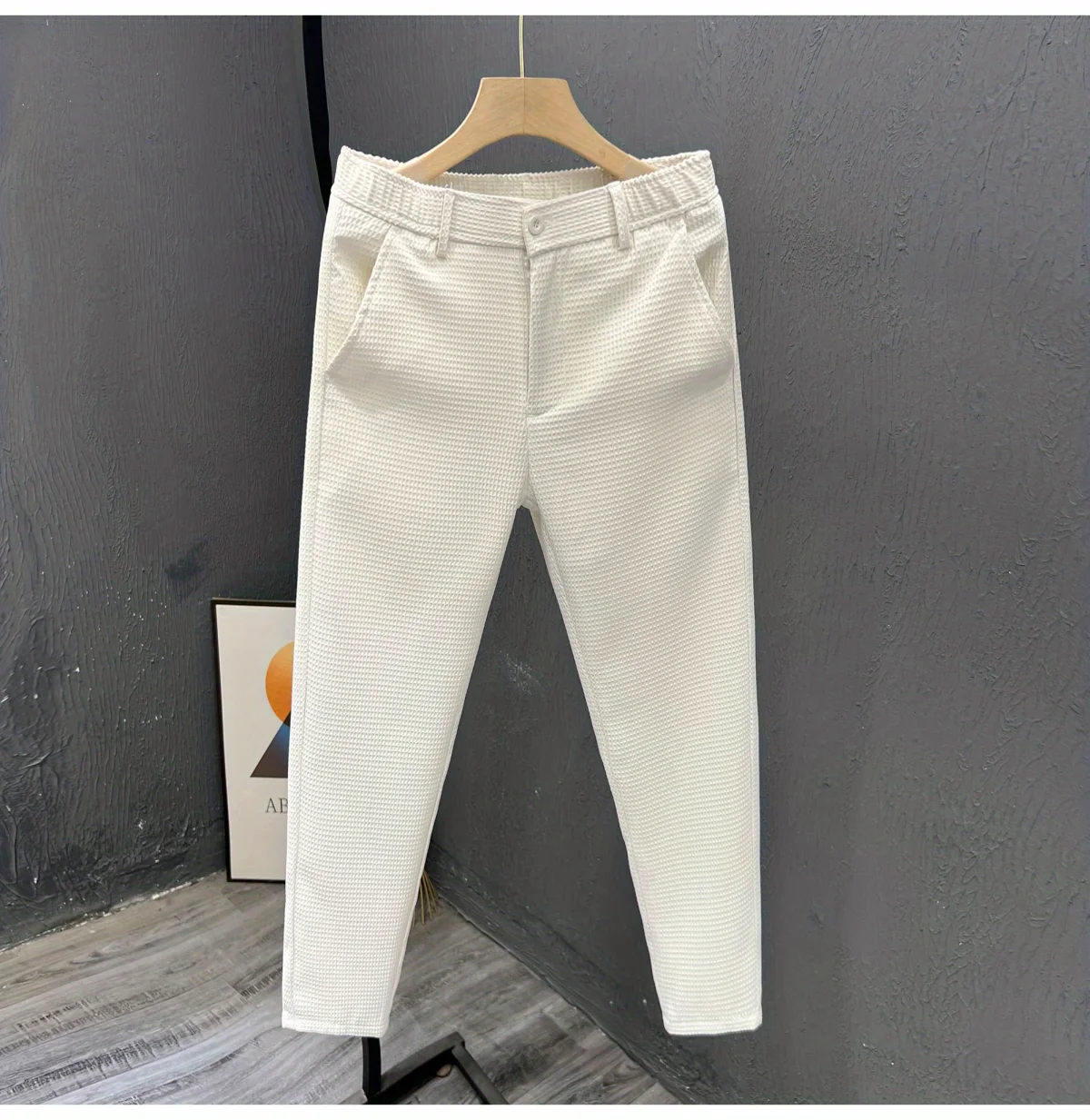 2024 Leisure Trend Korean Edition Summer Solid Color Zipper Pocket Men\'s High Waist Elastic Slim Fit Straight Nine Split Pants