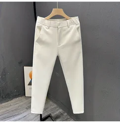 2024 Leisure Trend Korean Edition Summer Solid Color Zipper Pocket Men's High Waist Elastic Slim Fit Straight Nine Split Pants