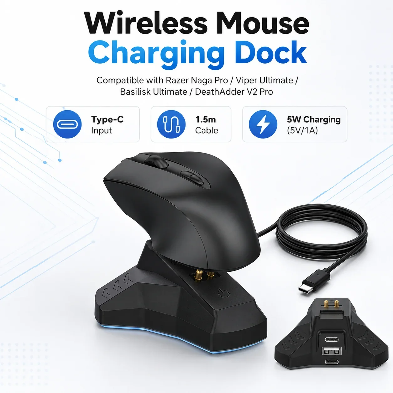 Wireless Mouse Charger Charging Dock for Logitech PROX2/1, GPW4/3/2/1 Razer V2 Pro/Naga Pro/Viper Ultimate/Basilisk Ultimate