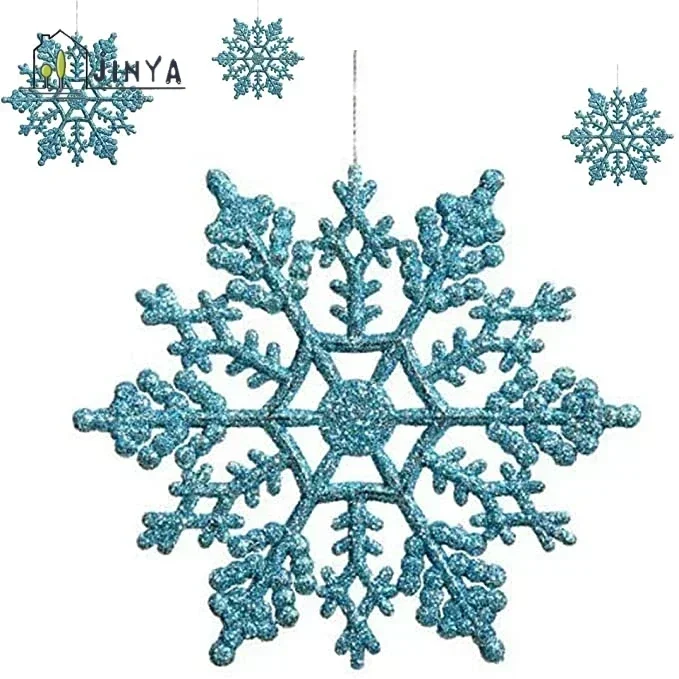 Packung mit 24/12/6 Stück Schneeflocken für Weihnachtsbaumdekoration, blaue Schneeflocken mit hellem Pulver, Hängedekoration für das Winter und Neujahr