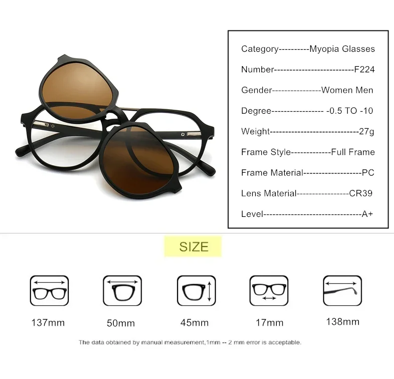 Magnet Clip Sonnenbrille Doppel Strahl Myopie Brille Dioptrien-0,5 Zu-10 Männer Frauen Mode Kurzsichtig Rezept Brille F224 – Detail 10