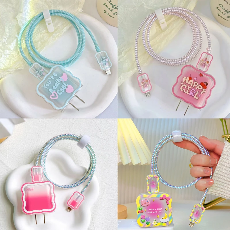 Cute Cartoon Wave Cable Protector For iPhone 12/13/14 18W/20W US Adapter Fast Charger Case Lightning Cable Protective Cover