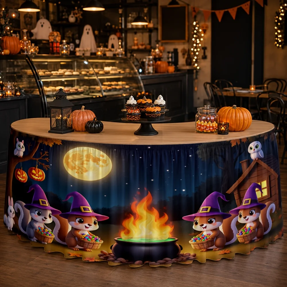 Table skirt, cartoon, magic, Halloween, forest, night, campfire, pumpkin lantern, owl, squirrel, wizard hat, autumn partyxzj