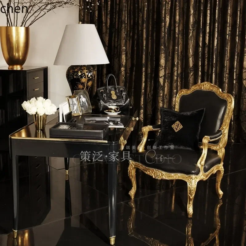 TQH7.2 Desk Chair Vintage Distressed Armchair French Style gold All Solid Wood Genuine Leather Single Sofa
