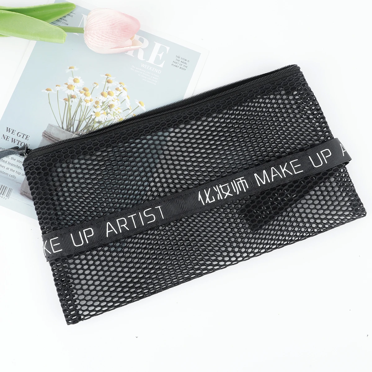 Schwarzes Netz, transparentes Netz, einfache tragbare Reise-Organizer-Make-up-Tasche mit großer Kapazität