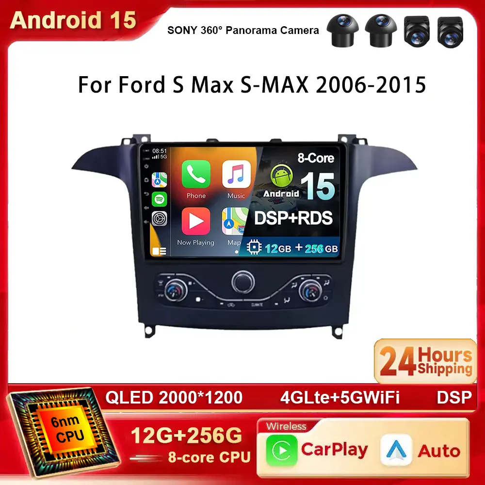 Android 15 2K QLED Carplay для Ford S Max S-MAX 2006-2015 для Ford Galaxy 2014, авторадио, стерео мультимедийный плеер, GPS 4G WIFI