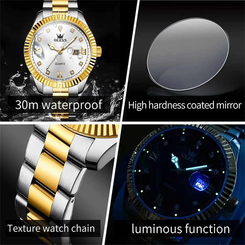 OLEVS Mens Luxury Watch 2024 New Stainless Steel Original Quartz Watch for Men Auto Date Waterproof Luminous Brand Wristwatches